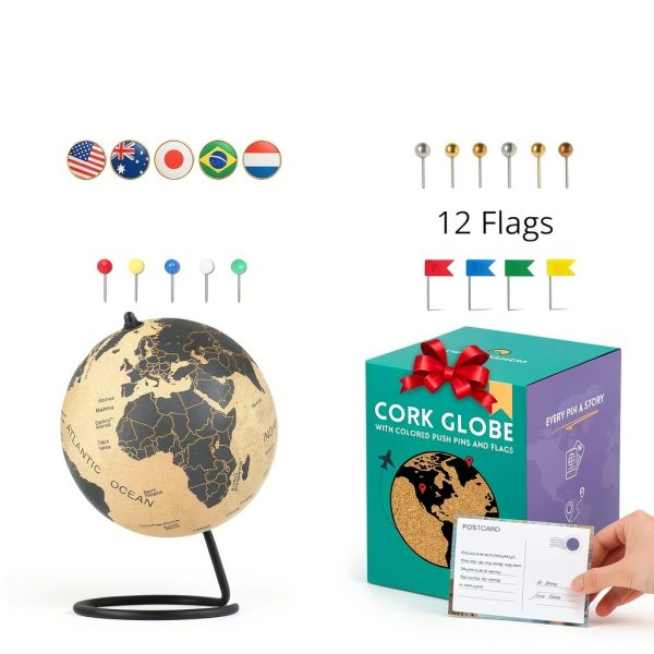 Medium Cork Globe 9.4" Tall by Two Dreamers Push Pin Map with Flags-3