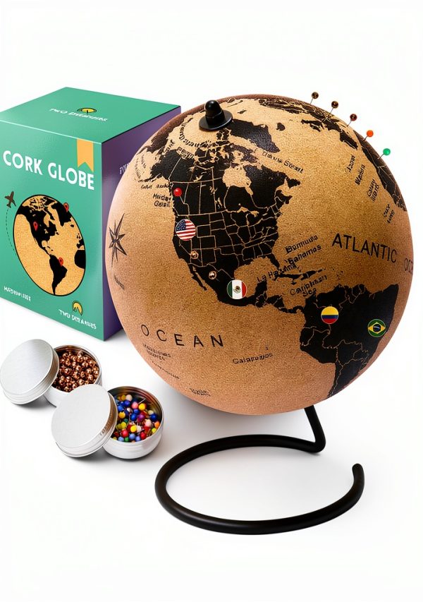 Medium Cork Globe 9.4" Tall by Two Dreamers Push Pin Map with Flags-0
