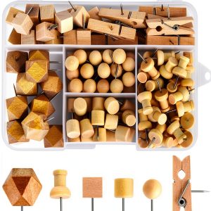 Wood Push Pins Dorbetar Thumb Tacks – Natural Wood, Silver-0