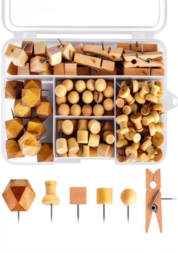 Wood Push Pins Dorbetar Thumb Tacks – Natural Wood, Silver-0