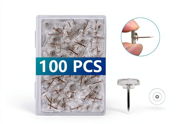 100 Pcs Clear Push Pins Tacks, Thumb Tacks, Reusable Flat Head Thumbtacks for Bulletin Board, Wall Displays and Hanging, Maps, Posters-1